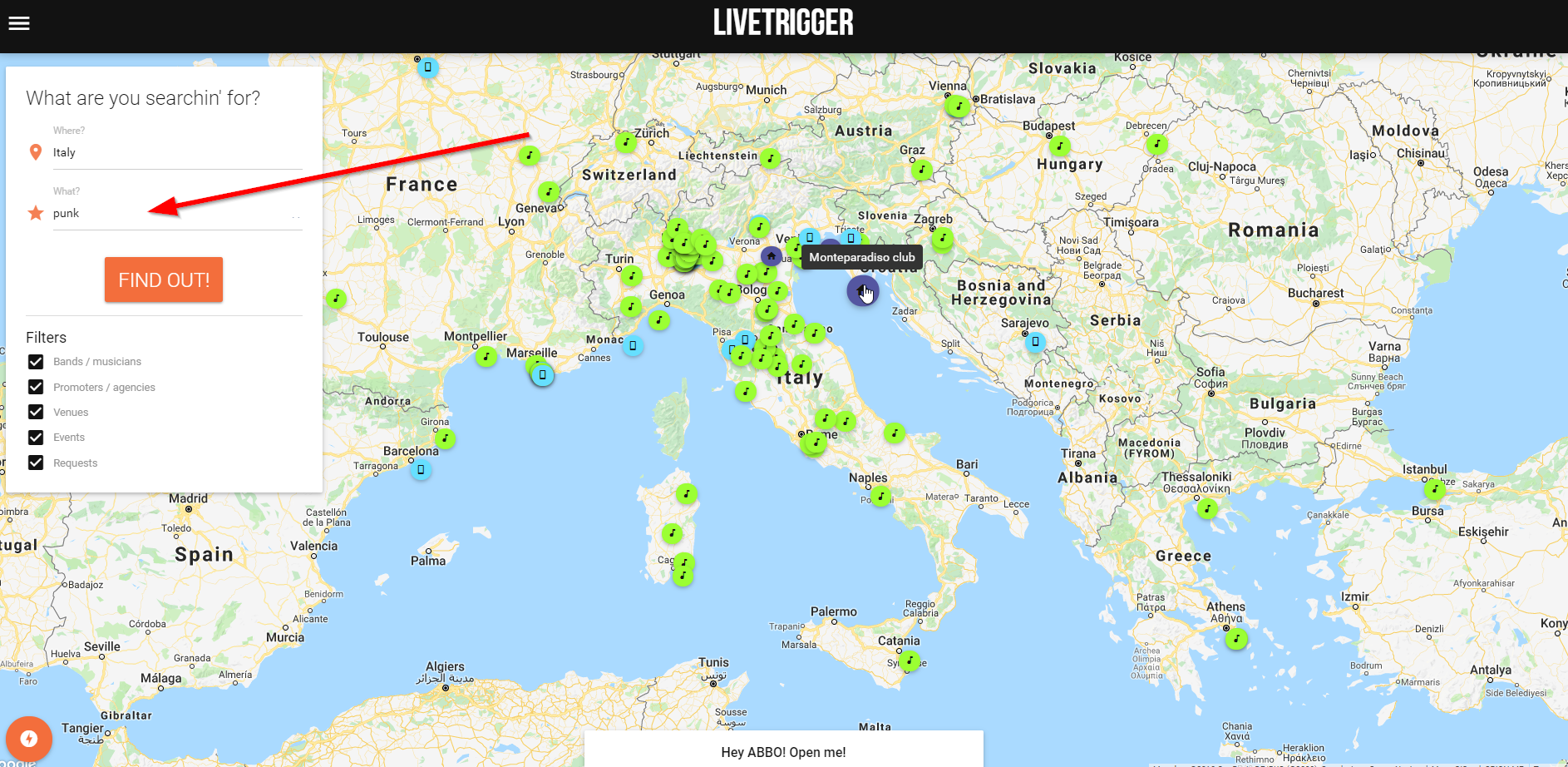 Italian map showing punk results and Montaparadiso club 