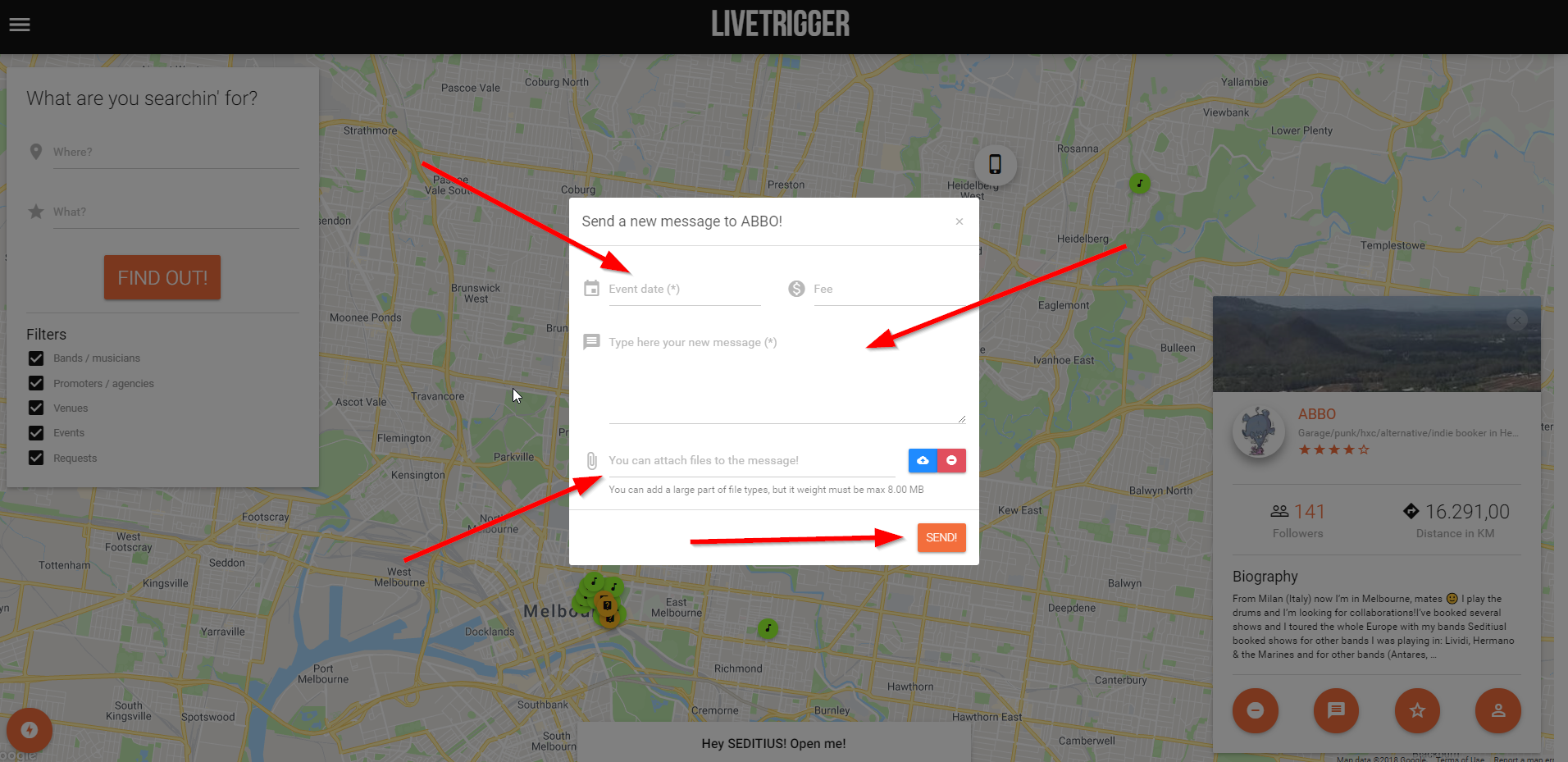 You can send a private message to abbo using the message box on LiveTrigger