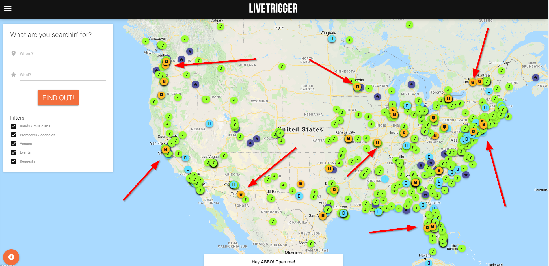 USA map with all yellow requests on LiveTrigger