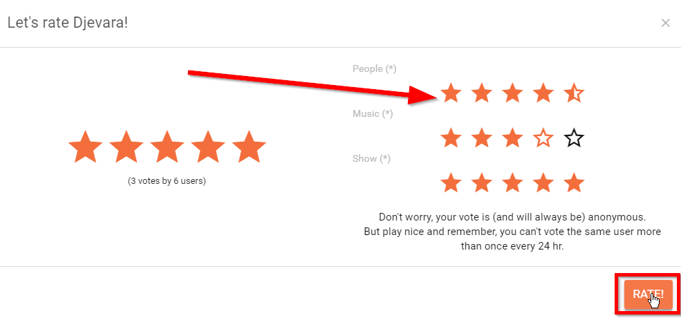 Rate the user using the 5 stars