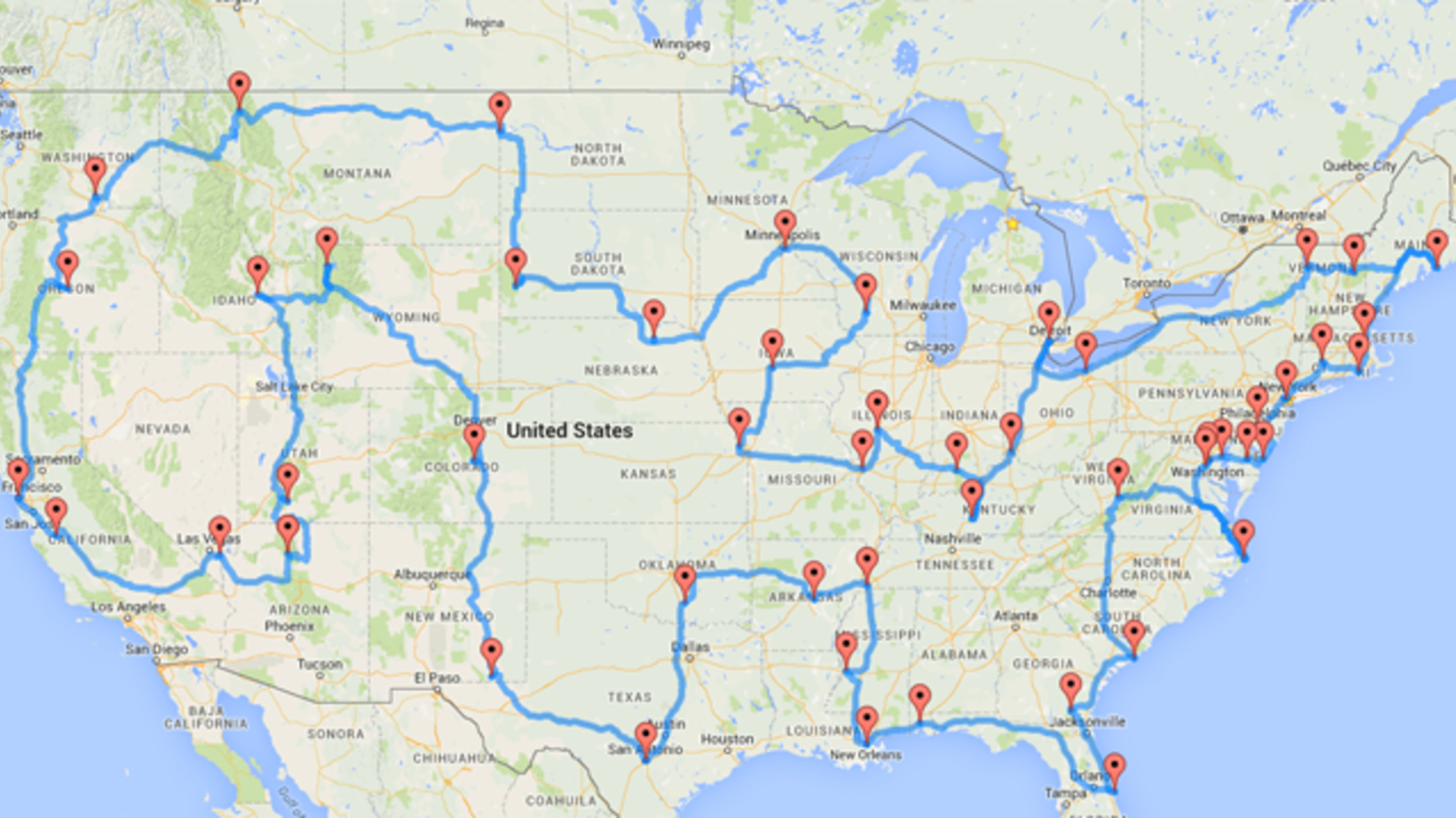 google map usa tour route